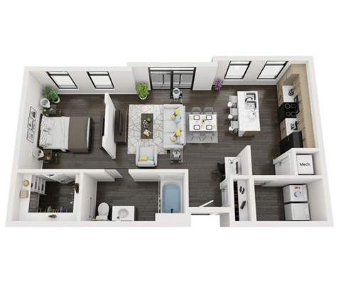 Floor plan for 1 bed, 1 bath, 839 sqft